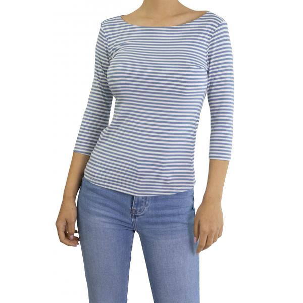 maglia a righe con manica 3/4 scollo a barca 